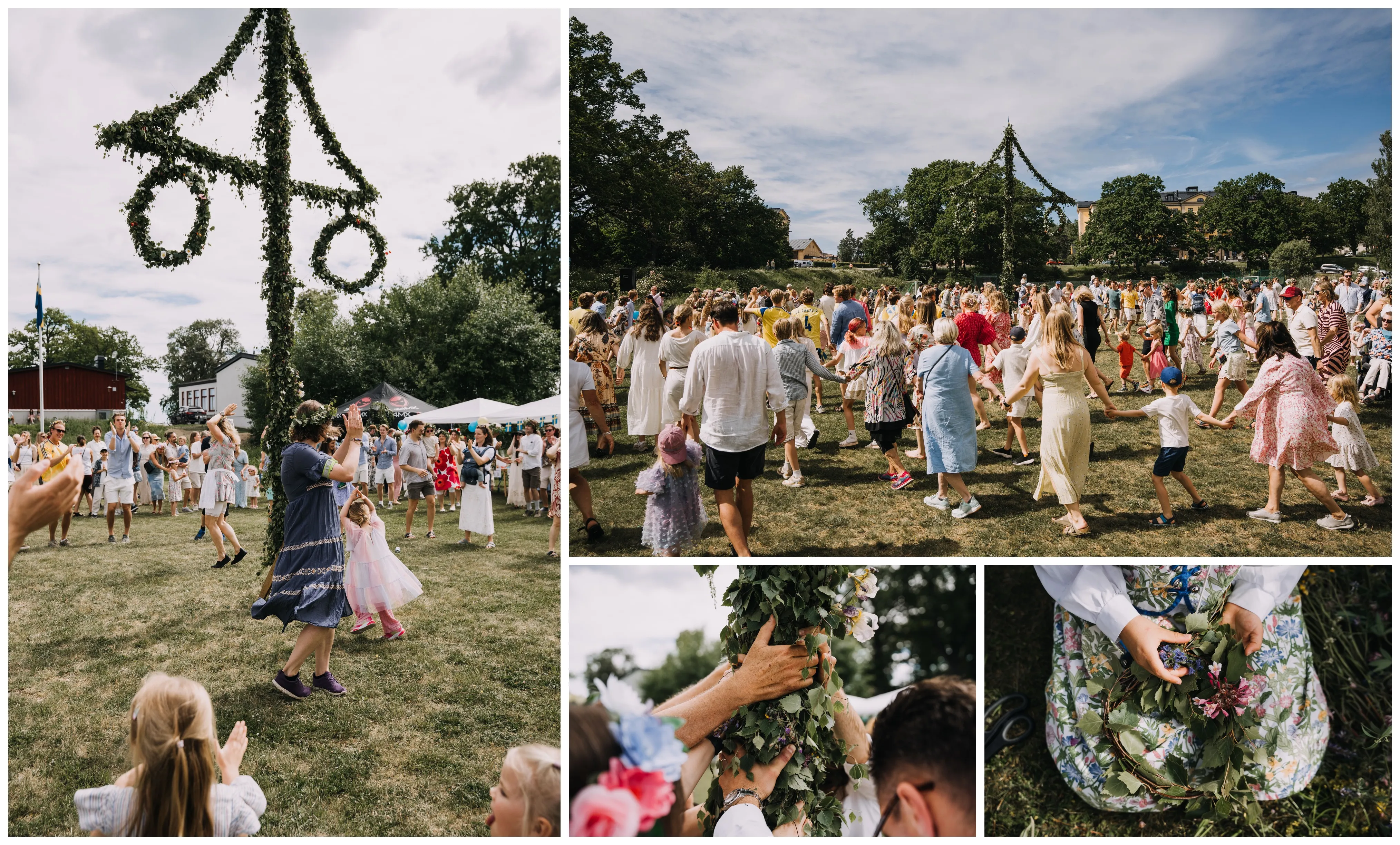 Collage från midsommardagen: den lövade stången mot sommarhimlen, dansen på fotbollsplanen, och nära bilder på händer som lövar och binder kransar