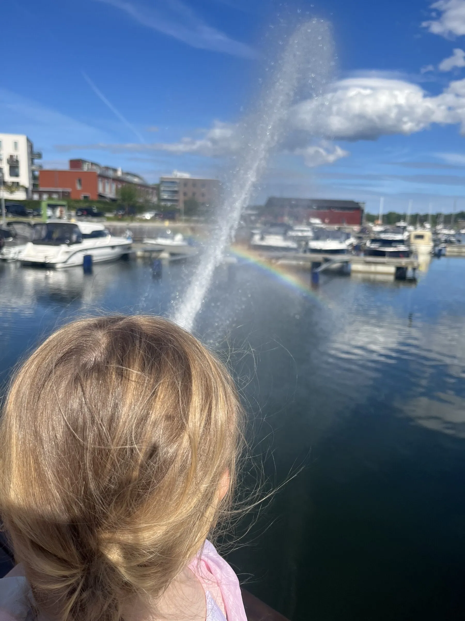 Ett barn tittar ut över vattnet mot en regnbåge i vattensprutet en solig sommardag